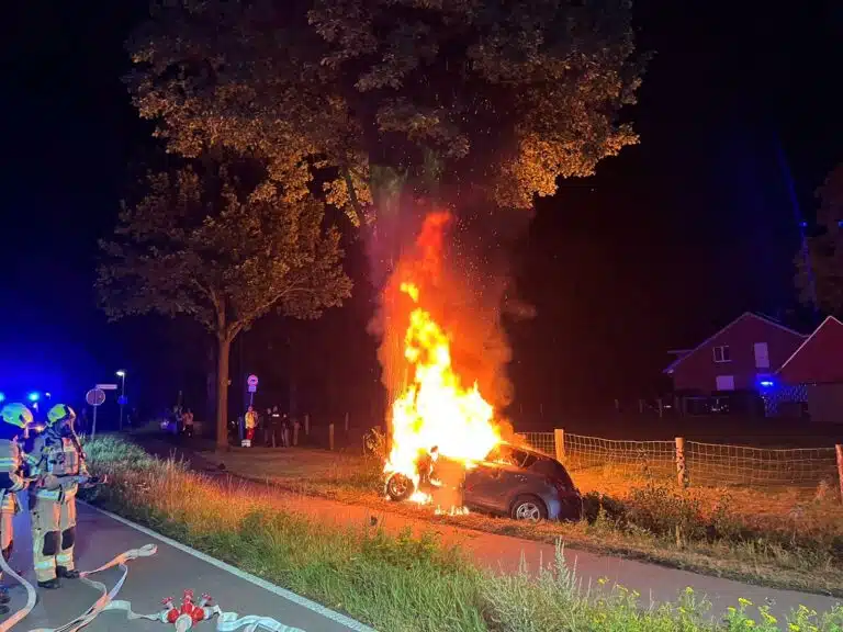 PKW brennt nach Kollision mit Baum